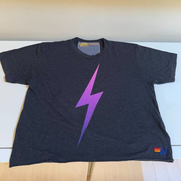 Aviator Nation Bolt & Logo Fade Boyfriend Tee Dark Grey Pink Purple M NWOT - Picture 5 of 7